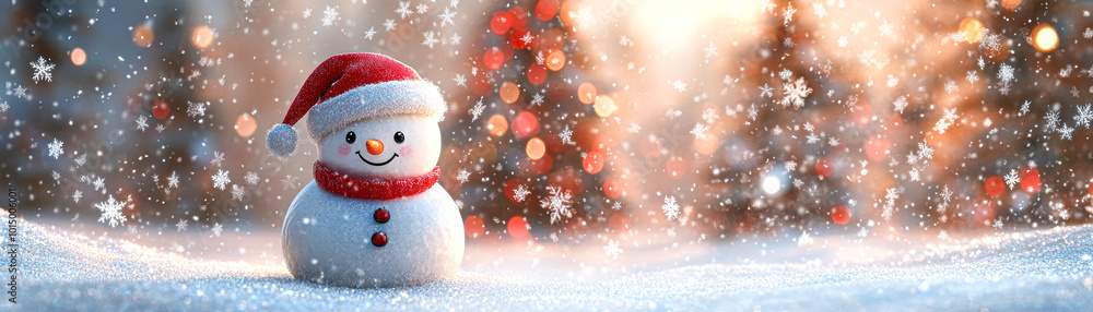 A snowman with a red scarf and a red hat is standing in the snow A snowman with a red scarf and a red hat is standing in the snow