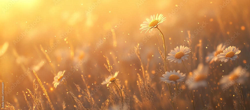 Daisies in Sunset Glow Creating a Dreamy Atmosphere. AI generated illustration Daisies in Sunset Glow Creating a Dreamy Atmosphere. AI generated illustration