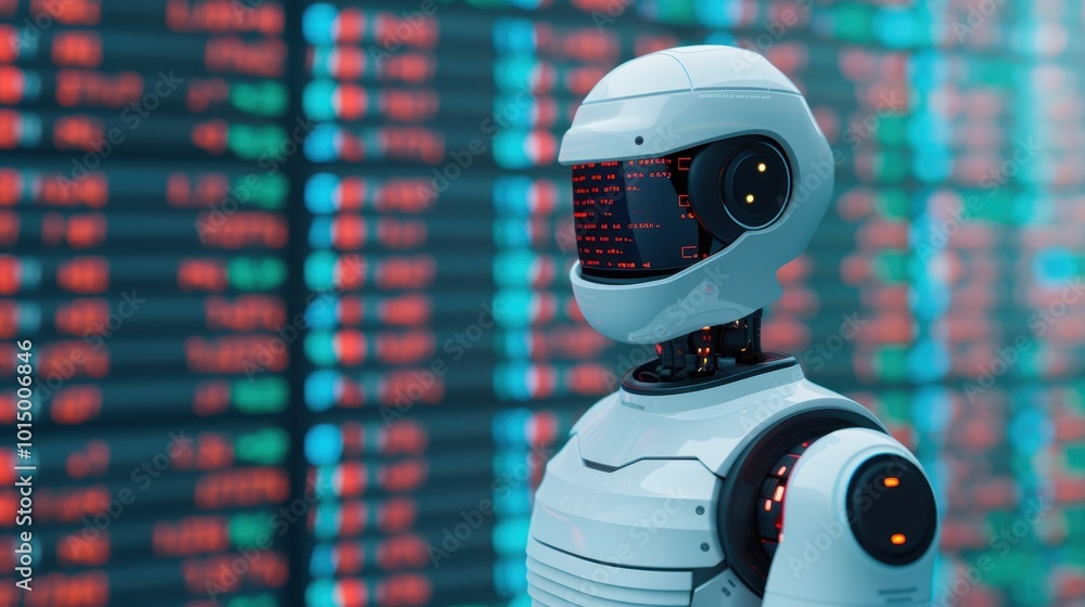 White Robot with Red Eyes Looking at Stock Market Display White Robot with Red Eyes Looking at Stock Market Display