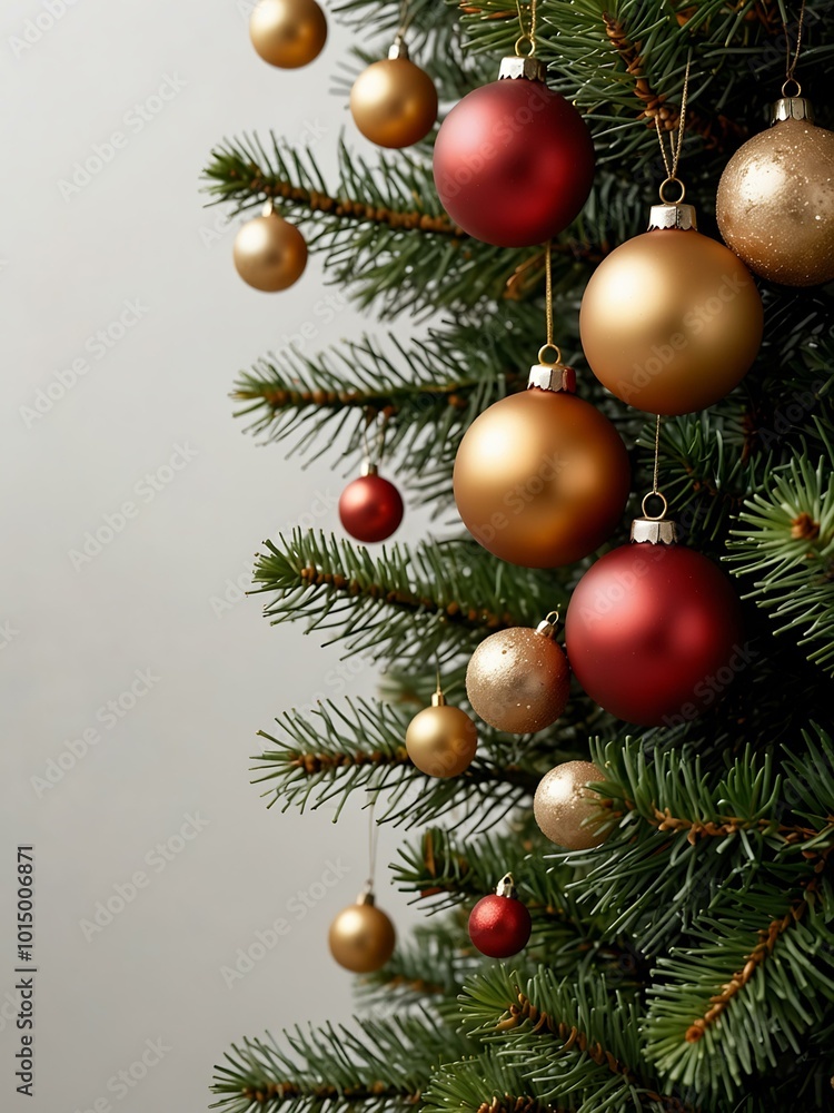 Fototapeta premium Pine tree branches adorned with Christmas ornaments on a white background.
