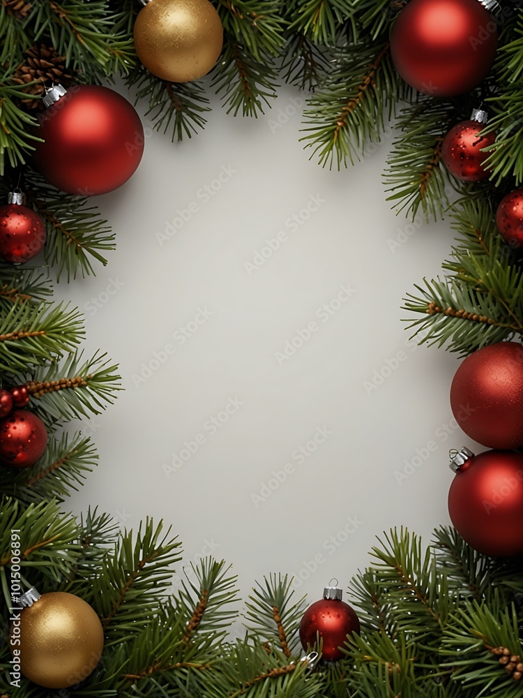 Pine tree branches with Christmas ornaments framing a blank white space. Pine tree branches with Christmas ornaments framing a blank white space.