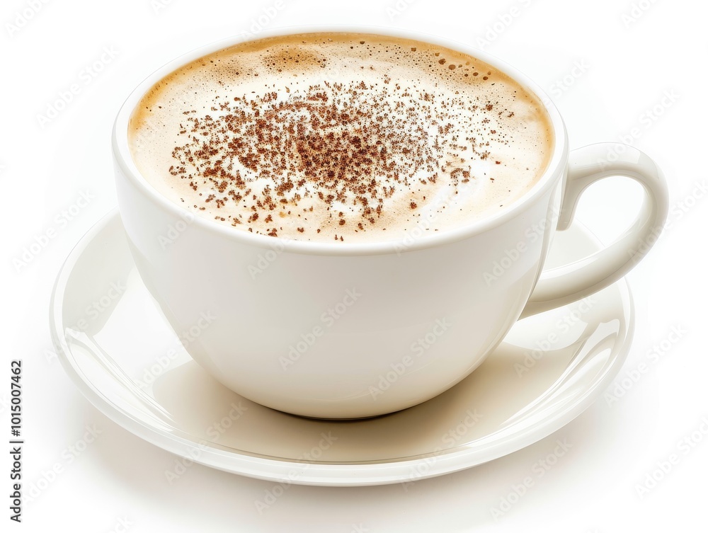 A white coffee cup filled with creamy cappuccino on a white background A white coffee cup filled with creamy cappuccino on a white background