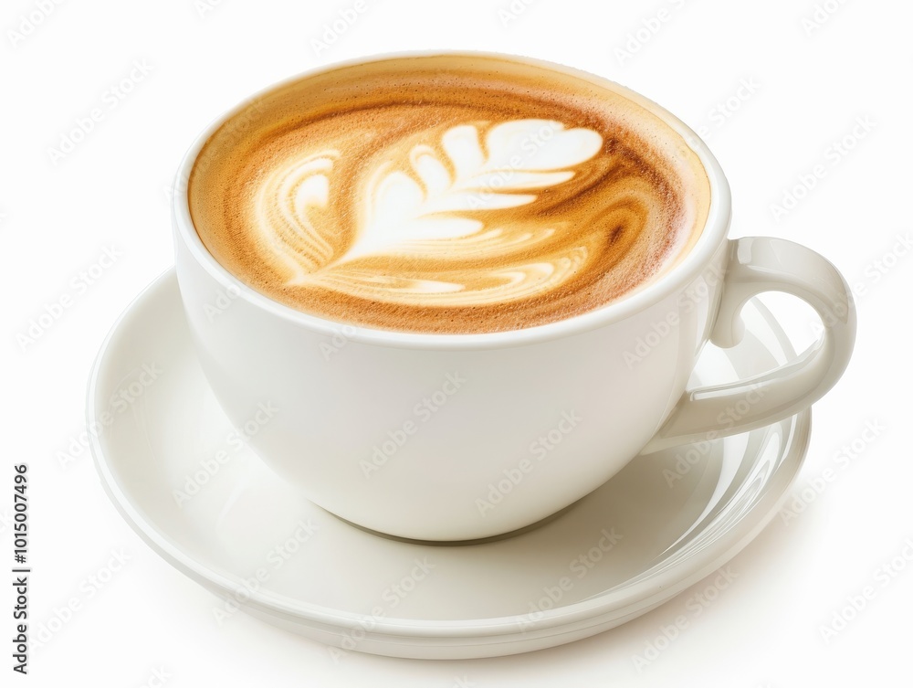 A white coffee cup filled with creamy cappuccino on a white background A white coffee cup filled with creamy cappuccino on a white background