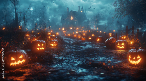 Spooky Halloween photo with pumpkin lanterns on the background of a house