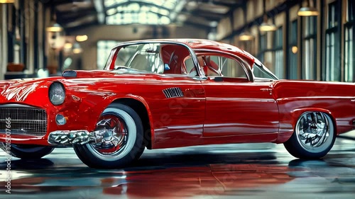 Vintage racing car with a classic design, parked in a sleek industrial garage