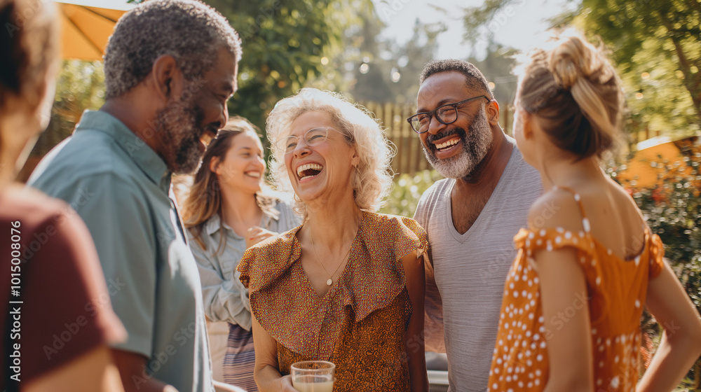 Multi-generational family laughing together in a lush outdoor setting.
Multi-generational family laughing together in a lush outdoor setting.