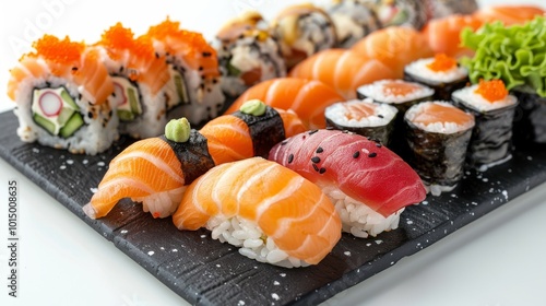 Artful display of sushi types including dragon rolls, avocado maki, and eel nigiri on a modern black plate, set against a bright white backdrop