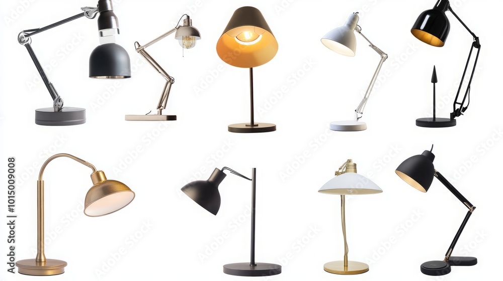 A stylish collection of desk lamps isolated on a transparent or white background, showcasing a variety of modern designs and styles. This visually striking display highlights the elegance and function A stylish collection of desk lamps isolated on a transparent or white background, showcasing a variety of modern designs and styles. This visually striking display highlights the elegance and function