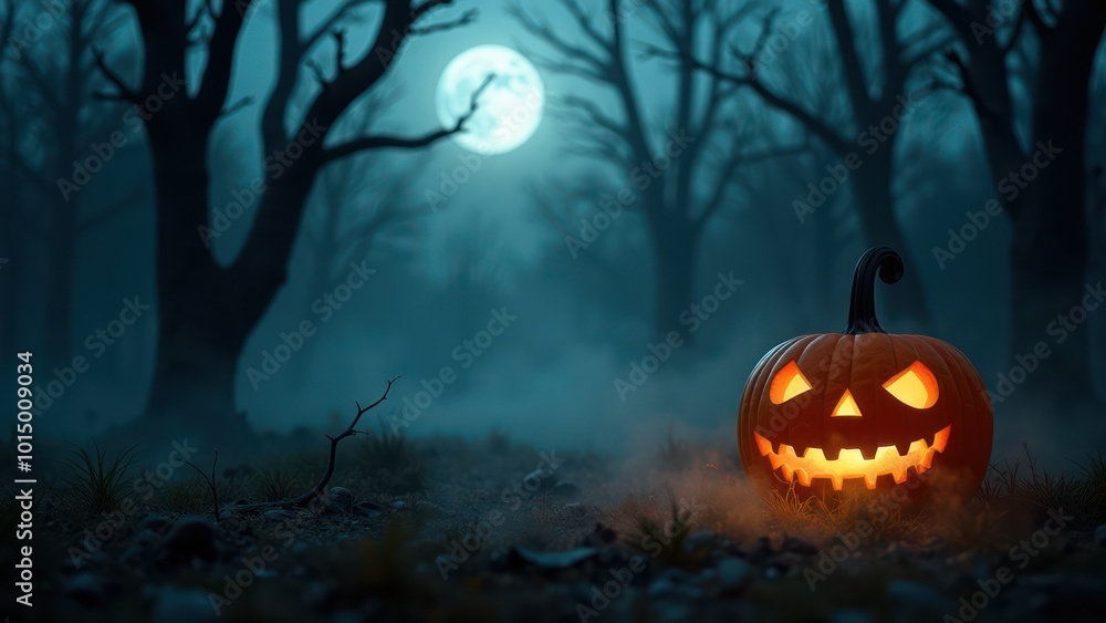 Scary halloween pumpkin in foggy forest. Scary halloween background Scary halloween pumpkin in foggy forest. Scary halloween background