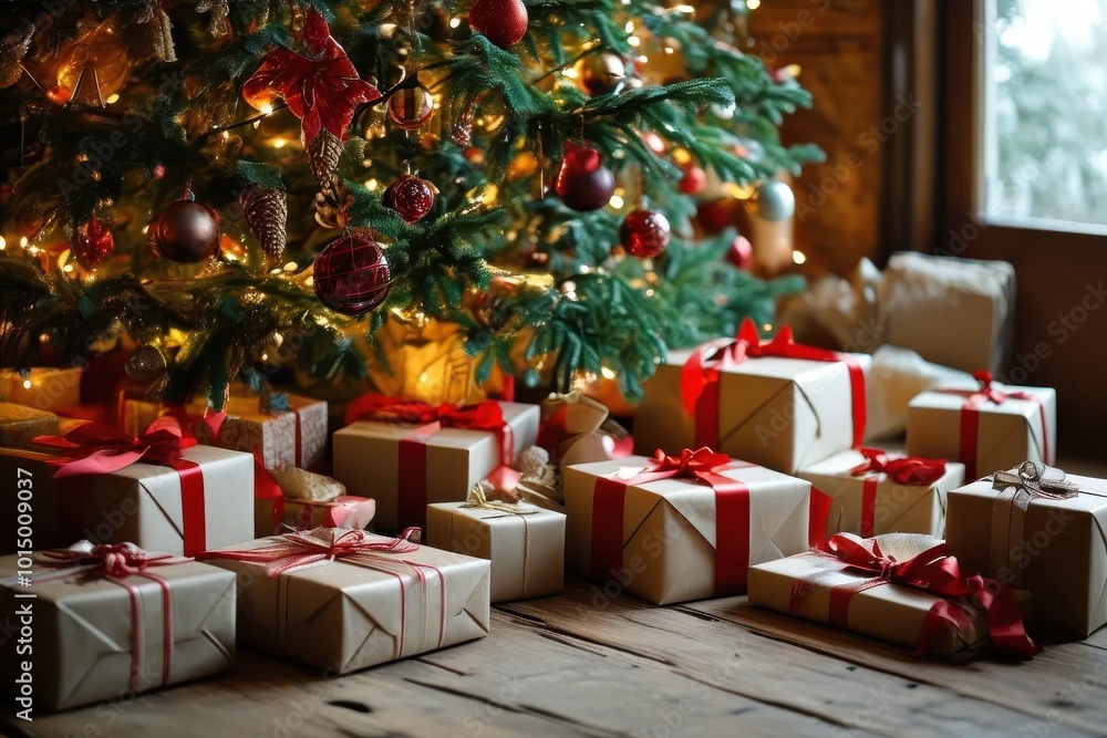 Obraz premium Beautifully Wrapped Christmas Gifts Under a Tree with Sparkling Lights, AI Generation