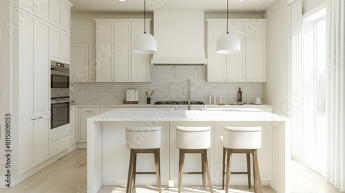 A bright kitchen features white cabinetry, sleek appliances, and a spacious island with wooden stools. Natural light floods the space, creating an inviting and functional atmosphere for cooking.