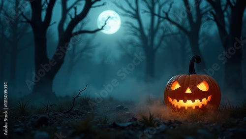 Scary halloween pumpkin in foggy forest. Scary halloween background