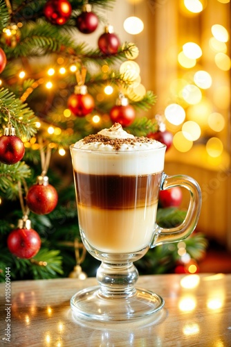 Delicious macchiato with layered espresso and cream by the Christmas tree decorations