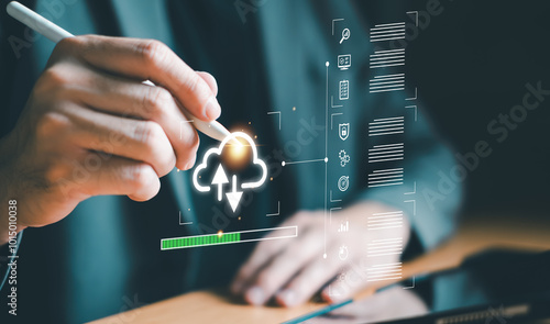 Business person migrate data and corporate information into cloud technology for data security and back up as disaster recovery site and prevent for cyber crime. Data inventory for enterprise.