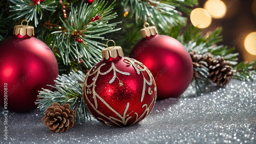 Red Christmas ornaments and pine cones on festive glitter background Red Christmas ornaments and pine cones on festive glitter background
