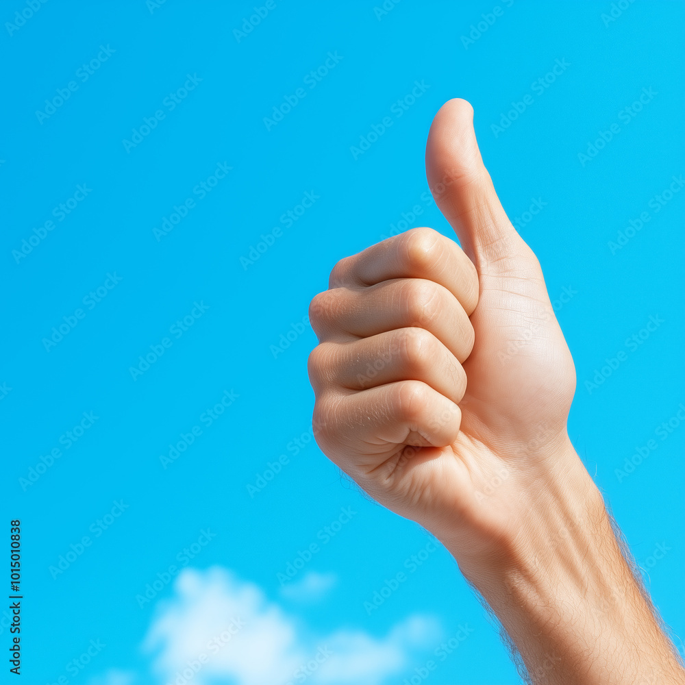 A person gives a thumbs up gesture against a clear blue sky on a sunny day