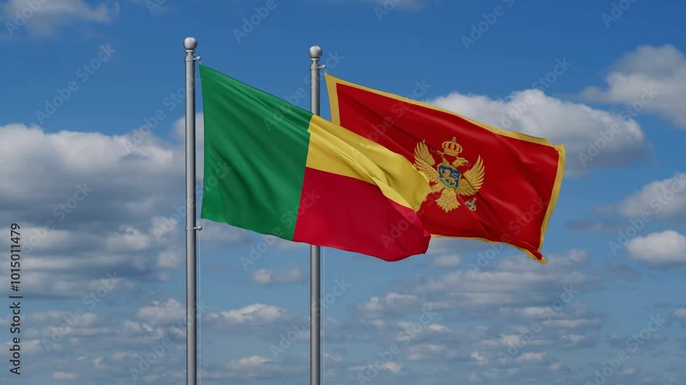 Montenegro and Benin flags flying together, video concept of the relationship, two country cooperation concept Montenegro and Benin flags flying together, video concept of the relationship, two country cooperation concept