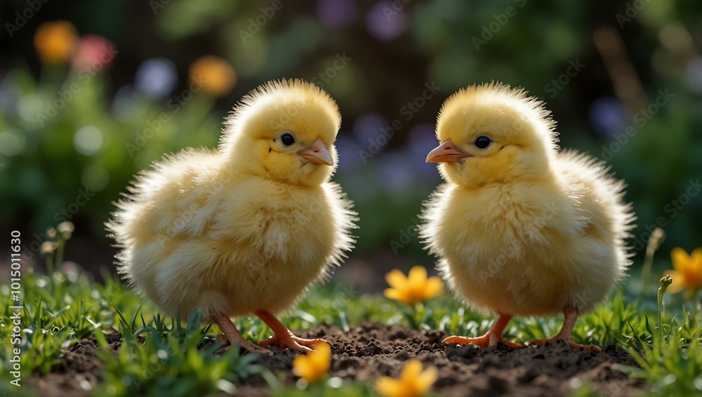 Fototapeta premium Playful chicks exploring a vibrant garden filled with life.