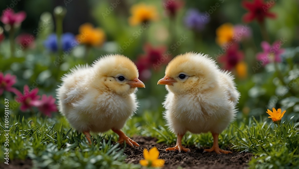 Fototapeta premium Playful chicks exploring a vibrant garden filled with life.