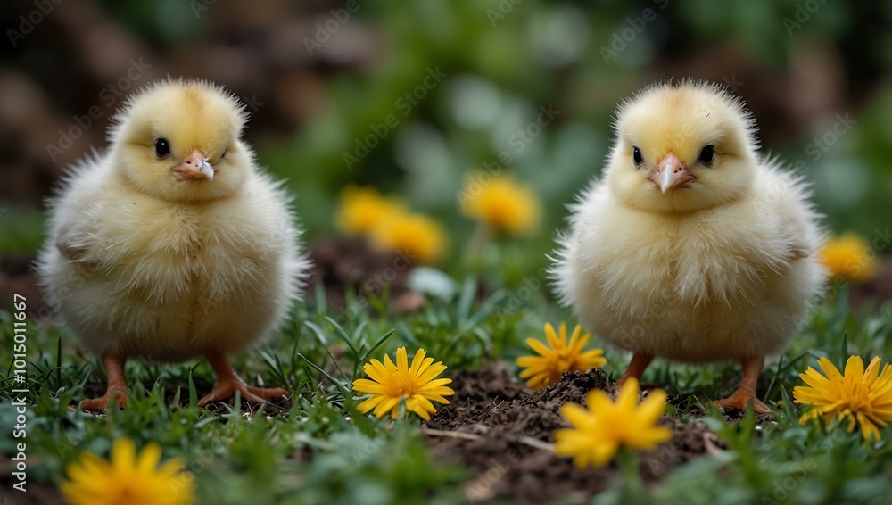 Playful chicks exploring a vibrant garden filled with life. Playful chicks exploring a vibrant garden filled with life.