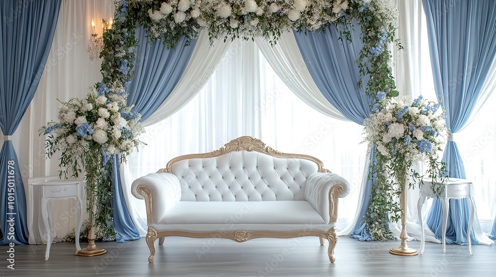 A blue and white wedding reception with a large archway and a white couch A blue and white wedding reception with a large archway and a white couch