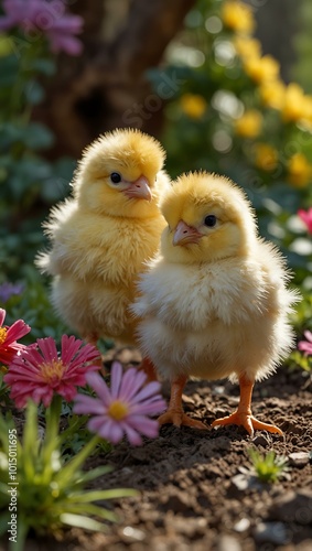 Playful chicks frolicking in a colorful garden setting.