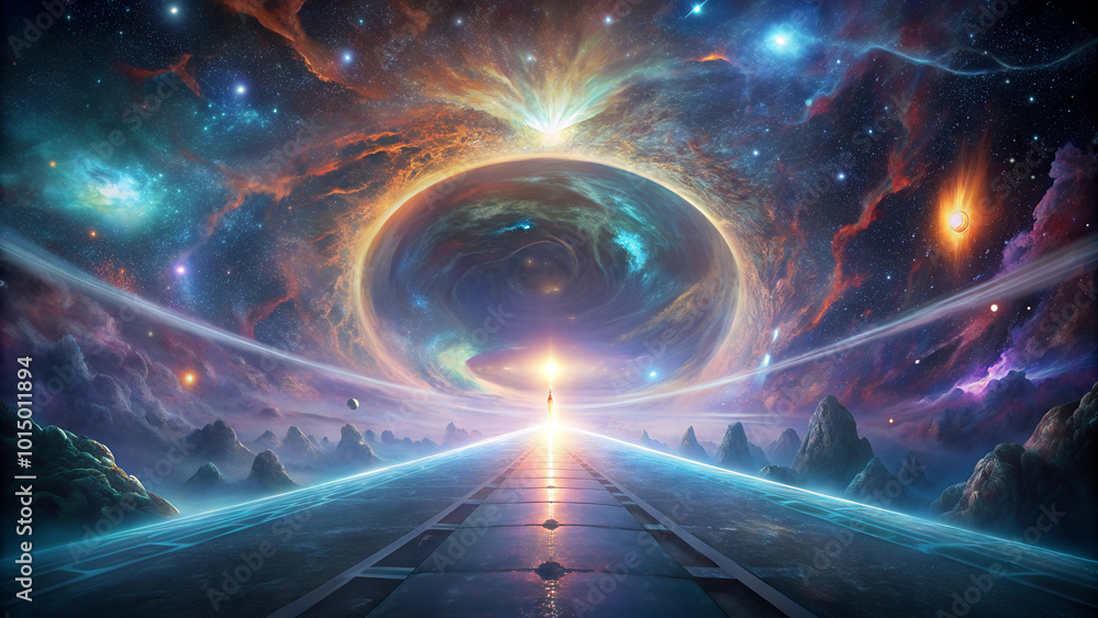 Obraz premium A cosmic landscape with glowing portals and a path leading to the unknown