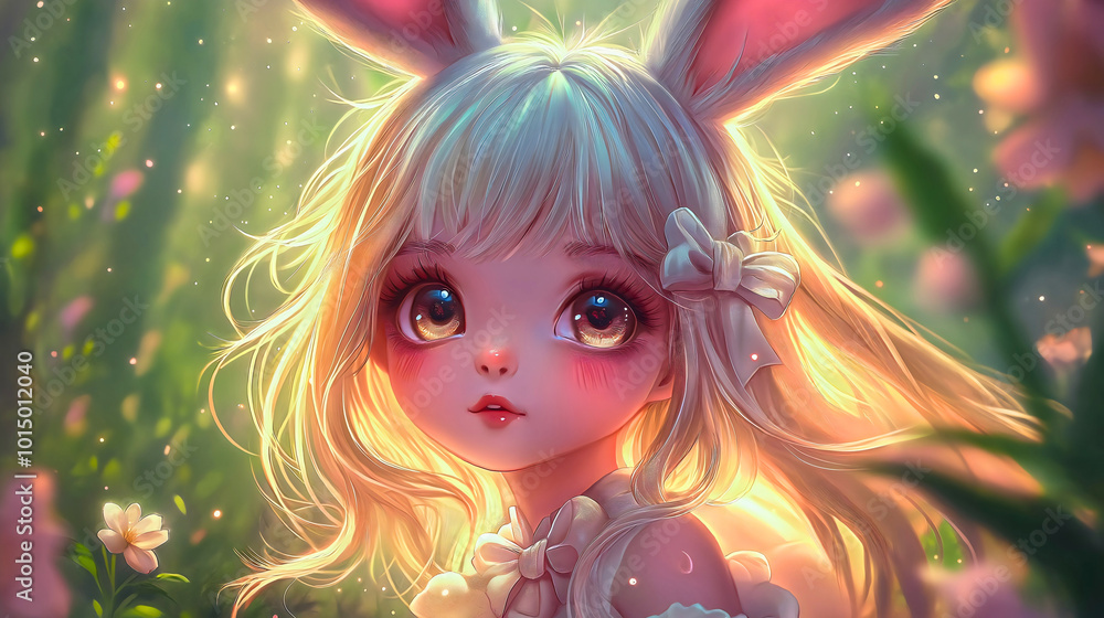 An animated anime girl, a demi-girl rabbit, standing in the forest. She has large bunny ears, wide eyes, and a beautiful appearance, all depicted in a cartoon anime style. An animated anime girl, a demi-girl rabbit, standing in the forest. She has large bunny ears, wide eyes, and a beautiful appearance, all depicted in a cartoon anime style.