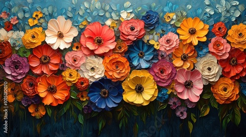 Vibrant oil ink painting of a flower garden in full bloom positioned from an overhead angle to capture the depth and layers of the various flowers in different colors 