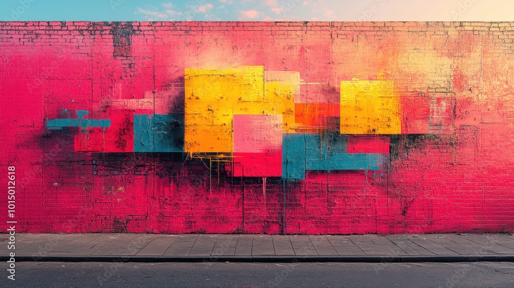Fototapeta premium Modern street art mural in bold, neon colors, positioned at eye level to focus on intricate details and layered textures. The background is an urban brick wall with contrasting shadows 
