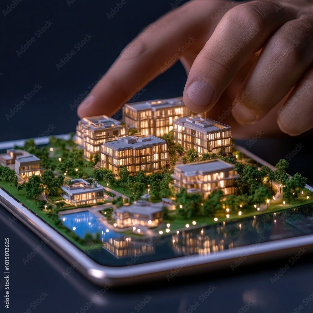 Man using digital tablet with modern building hologram - Real estate and technology concept Man using digital tablet with modern building hologram - Real estate and technology concept