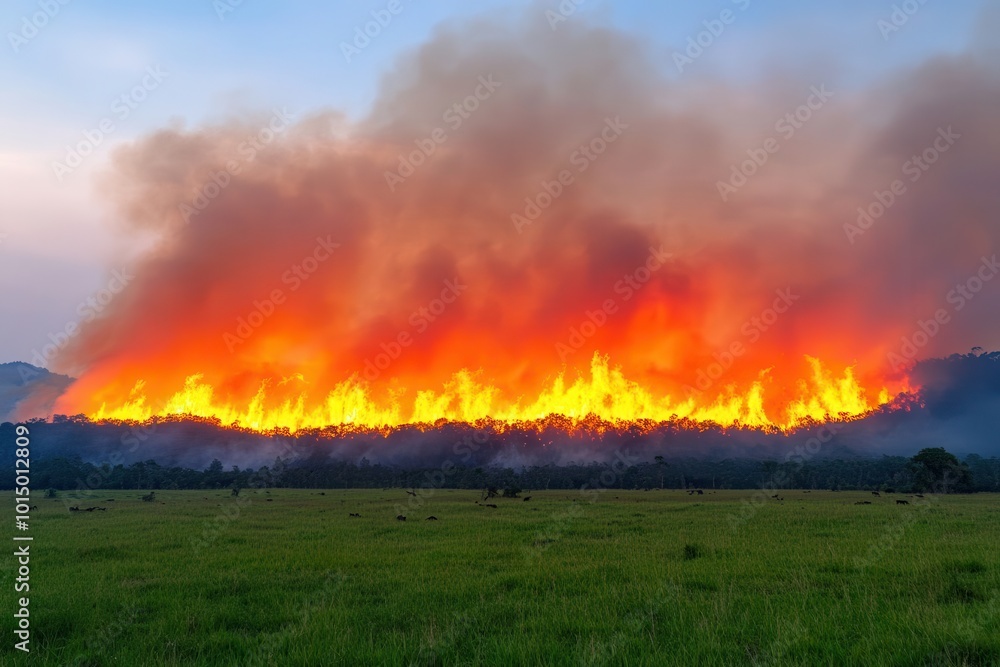 A large wildfire engulfing a forest with intense flames and thick smoke, threatening the surrounding landscape and wildlife. A large wildfire engulfing a forest with intense flames and thick smoke, threatening the surrounding landscape and wildlife.