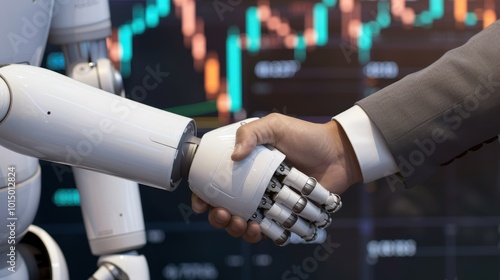 Human and Robotic Handshake Against Stock Market Background photo