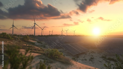 Solar panels and wind turbines generating renewable energy on the horizon.