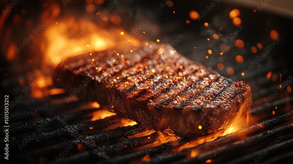 Grilled steak sizzling over flames on a barbecue grill. Grilled steak sizzling over flames on a barbecue grill.