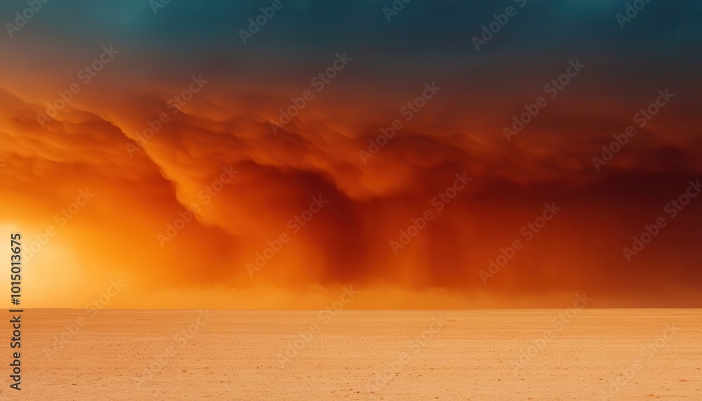 Obraz premium A massive sandstorm engulfs the desert, with an intense orange glow reflecting the sunset, creating a dramatic wall of dust and sand.