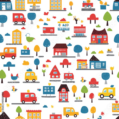 Flat Icon Set for Web Design, printing curtains, bed sheets, fabric patterns and tiles. with Seamless Cartoon City and Home Illustrations