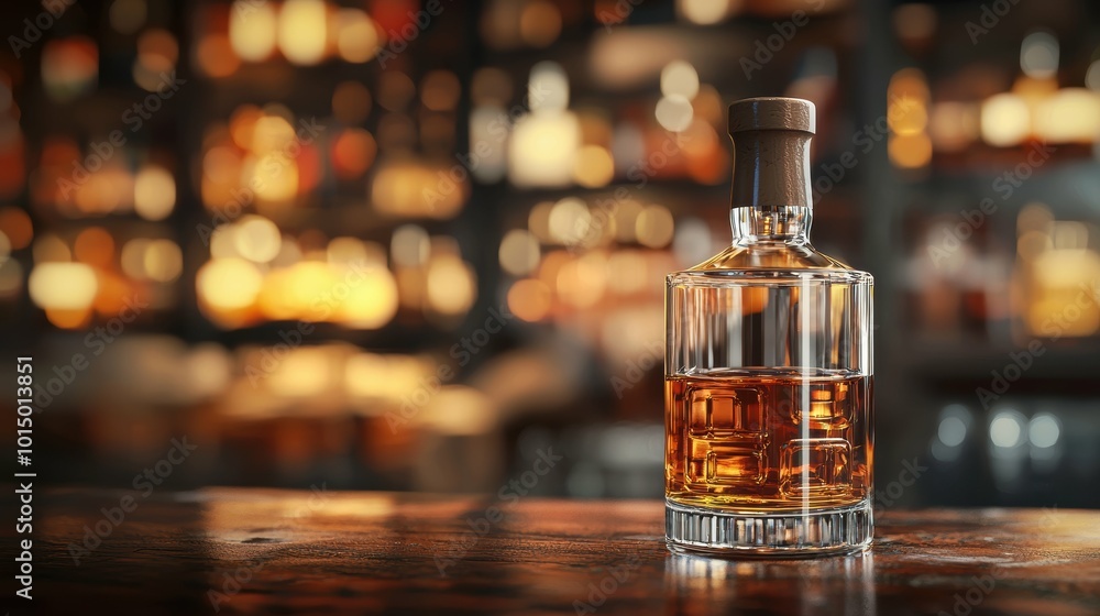 Premium whiskey bottle and glass with a softly blurred vintage bar background Premium whiskey bottle and glass with a softly blurred vintage bar background