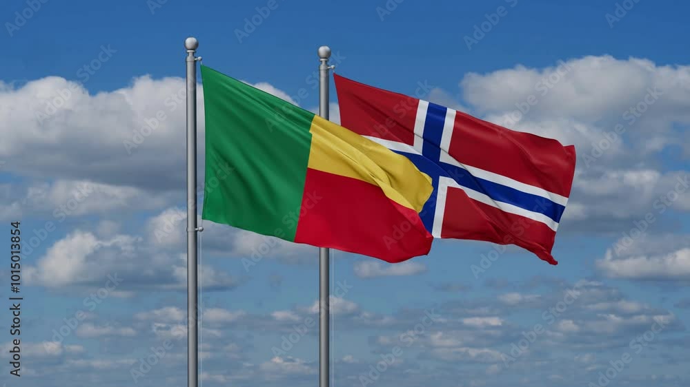 Norway and Benin flags flying together, video concept of the relationship, two country relations concept Norway and Benin flags flying together, video concept of the relationship, two country relations concept