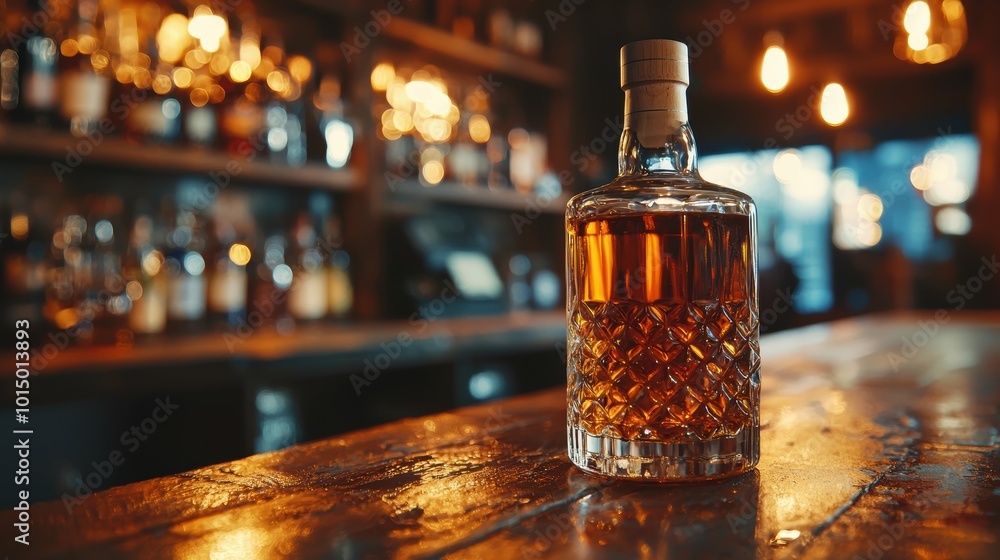 Premium whiskey bottle and glass with a softly blurred vintage bar background Premium whiskey bottle and glass with a softly blurred vintage bar background