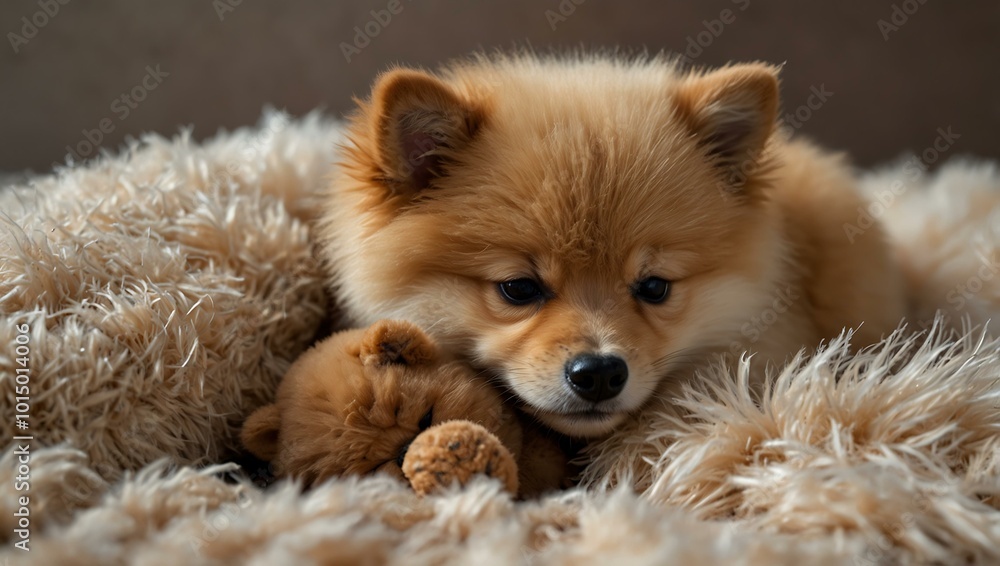 Obraz premium Pomeranian puppy sleeping with a toy bear.