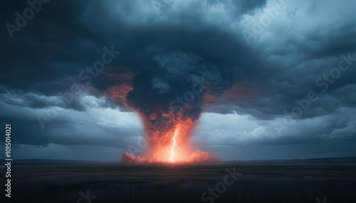 A dramatic scene of lightning striking the ground from a towering storm cloud funnel, illuminating the dark sky with fiery red hues.