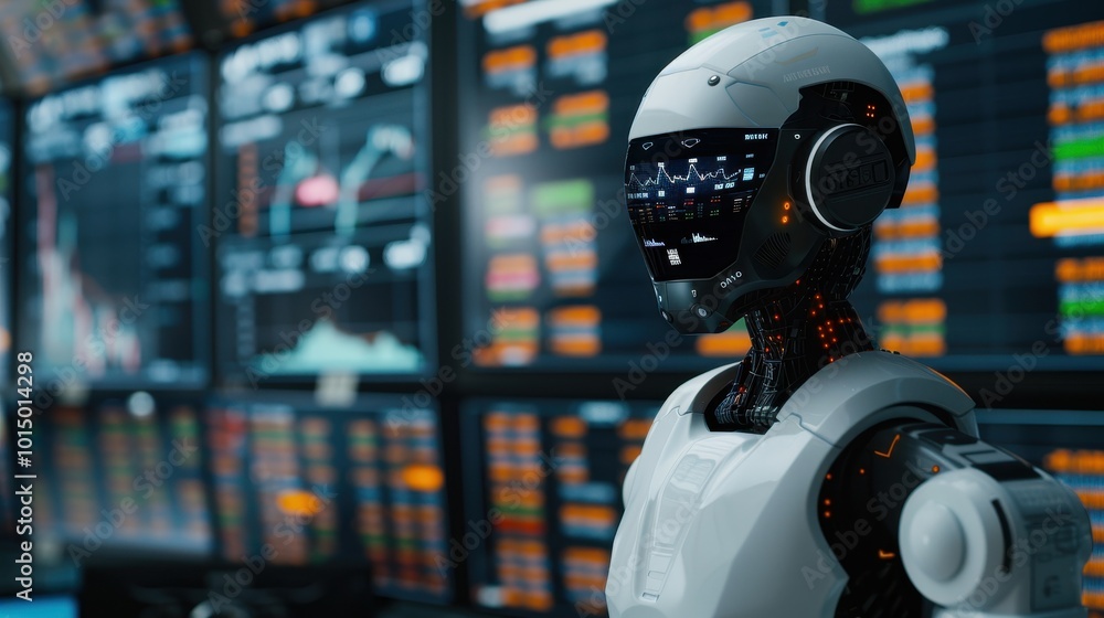Futuristic Robot Analyzing Data on a Wall of Screens Futuristic Robot Analyzing Data on a Wall of Screens