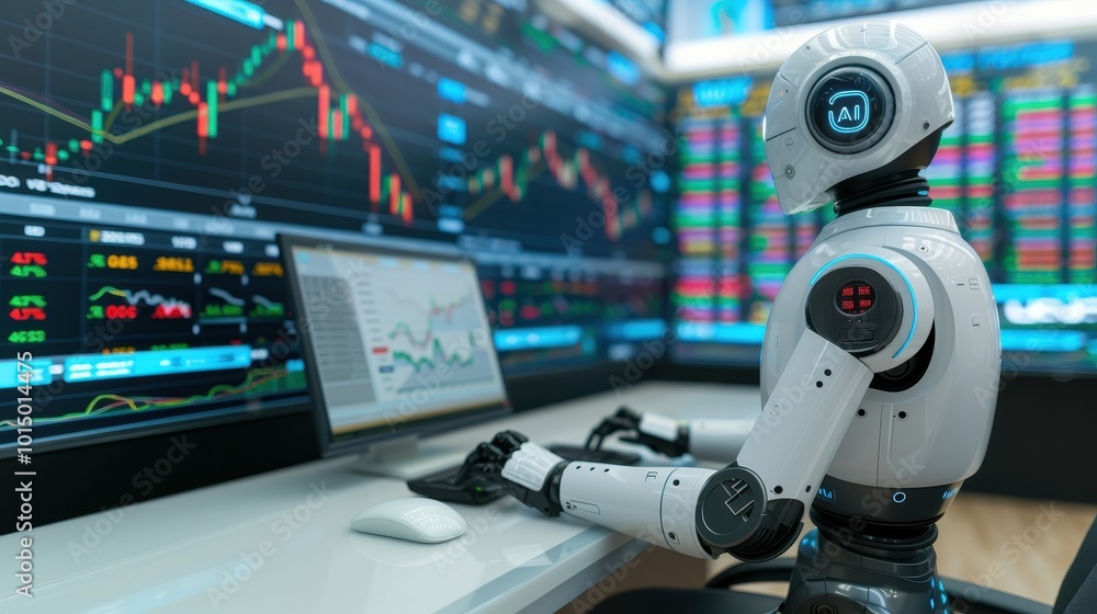 AI Robot Analyzing Stock Market Data on Multiple Screens AI Robot Analyzing Stock Market Data on Multiple Screens