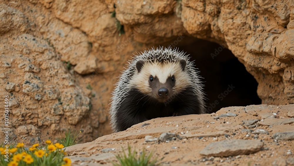 Fototapeta premium Porcupine Peeking from a Hole in a Yellow-Flowered Rock