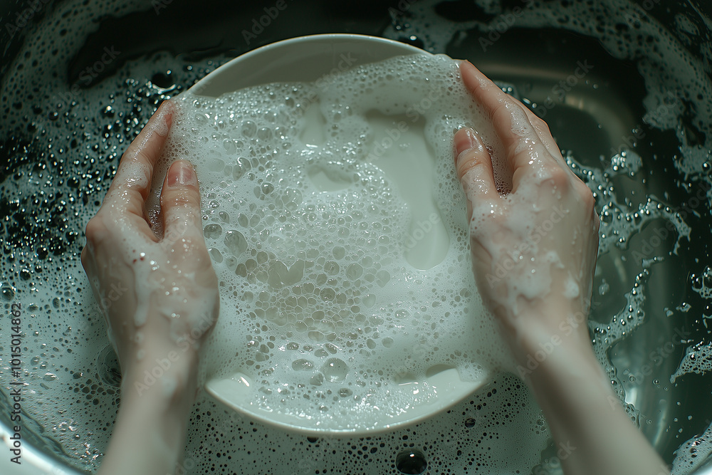 Fototapeta premium A person's hand is washing dishes with dishwashing liquid until they are full of bubbles in a dimly lit sink, looking creepy.