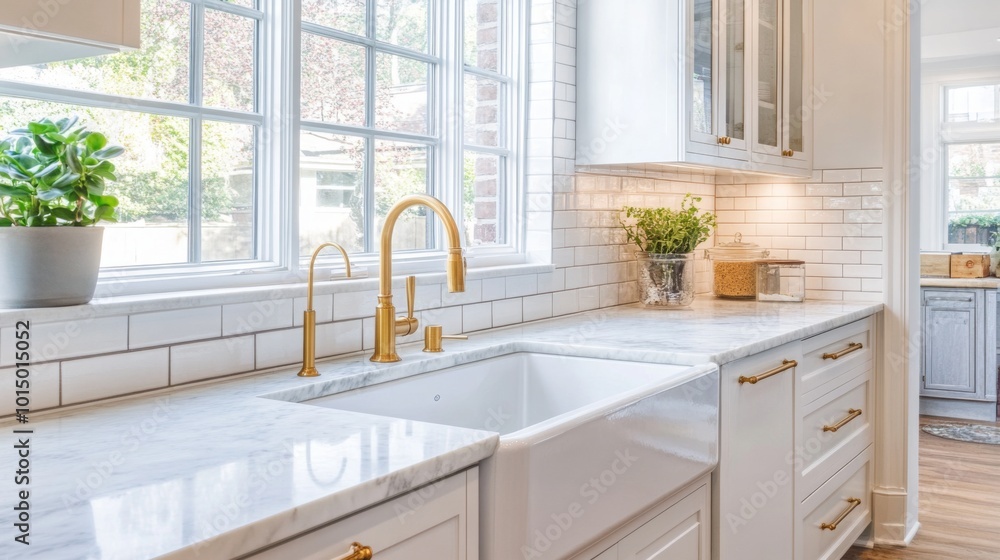 Fototapeta premium This modern kitchen showcases a sophisticated marble countertop paired with a gold faucet. Natural light floods the space through large windows, highlighting the stylish cabinetry and decor.