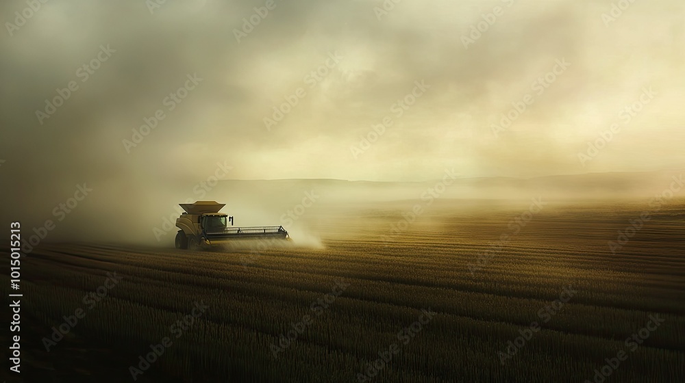 A combine harvester working in a barley field during the late afternoon, dust rising in the air. A combine harvester working in a barley field during the late afternoon, dust rising in the air.