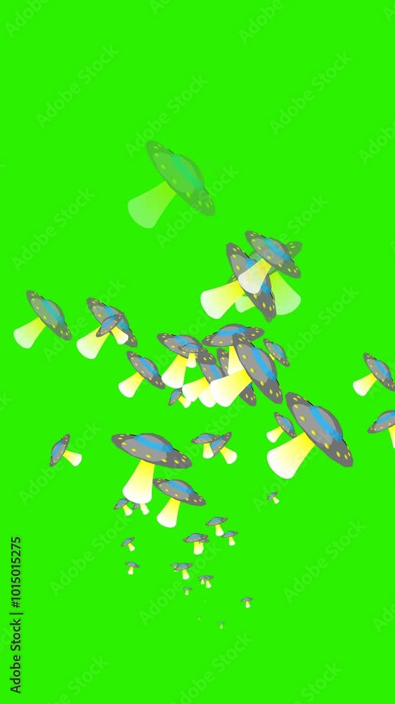 UFO icons appear and disappear on green screen. Vertical video. 3D animation. UFO icons appear and disappear on green screen. Vertical video. 3D animation.