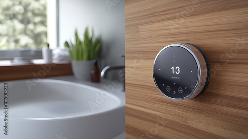 Smart thermostat displaying temperature in modern bathroom interior. Concept of home automation and energy efficiency